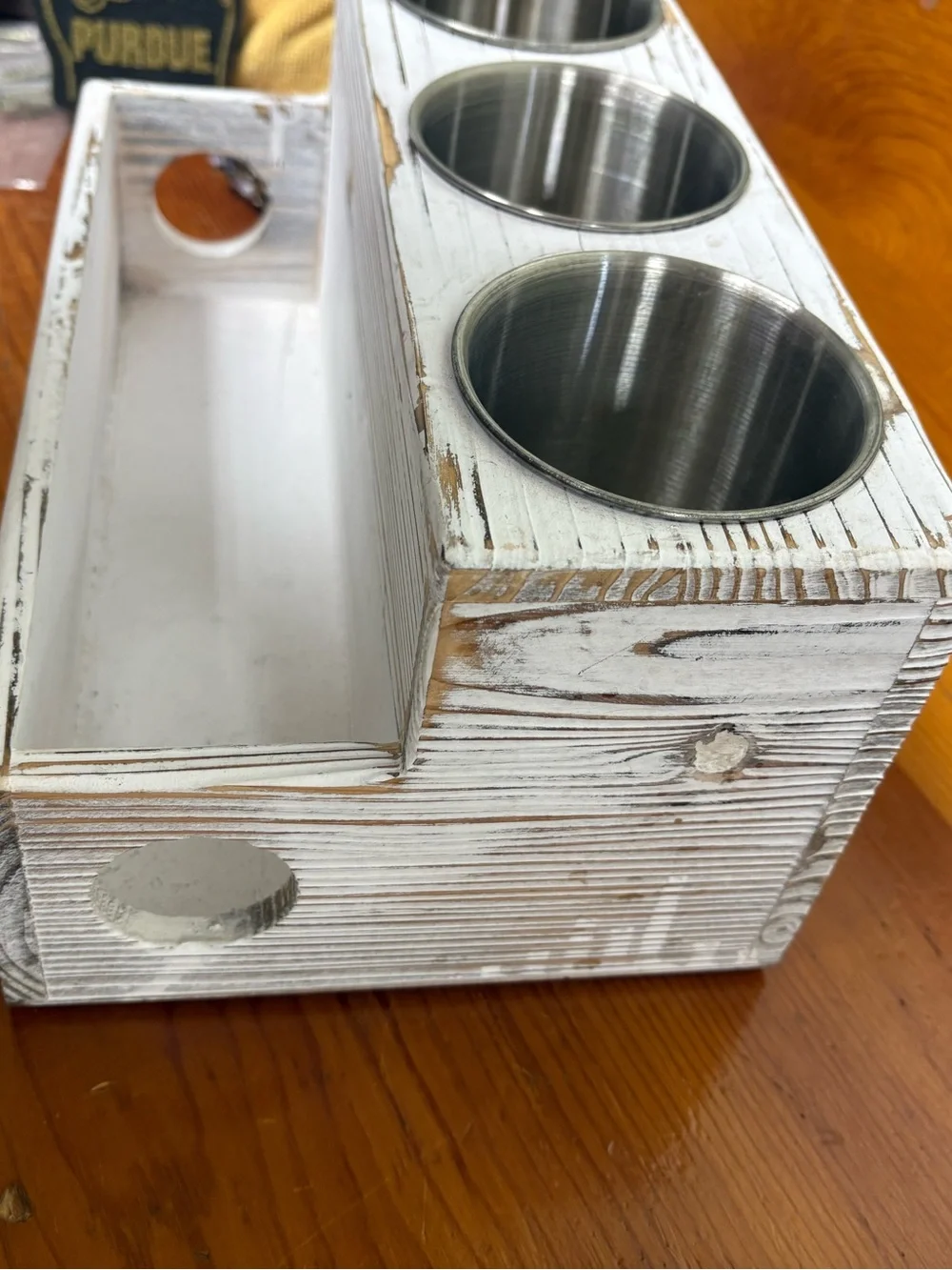 Hello Beautiful White Rustic Wood Organizer with 3 Stainless Cups